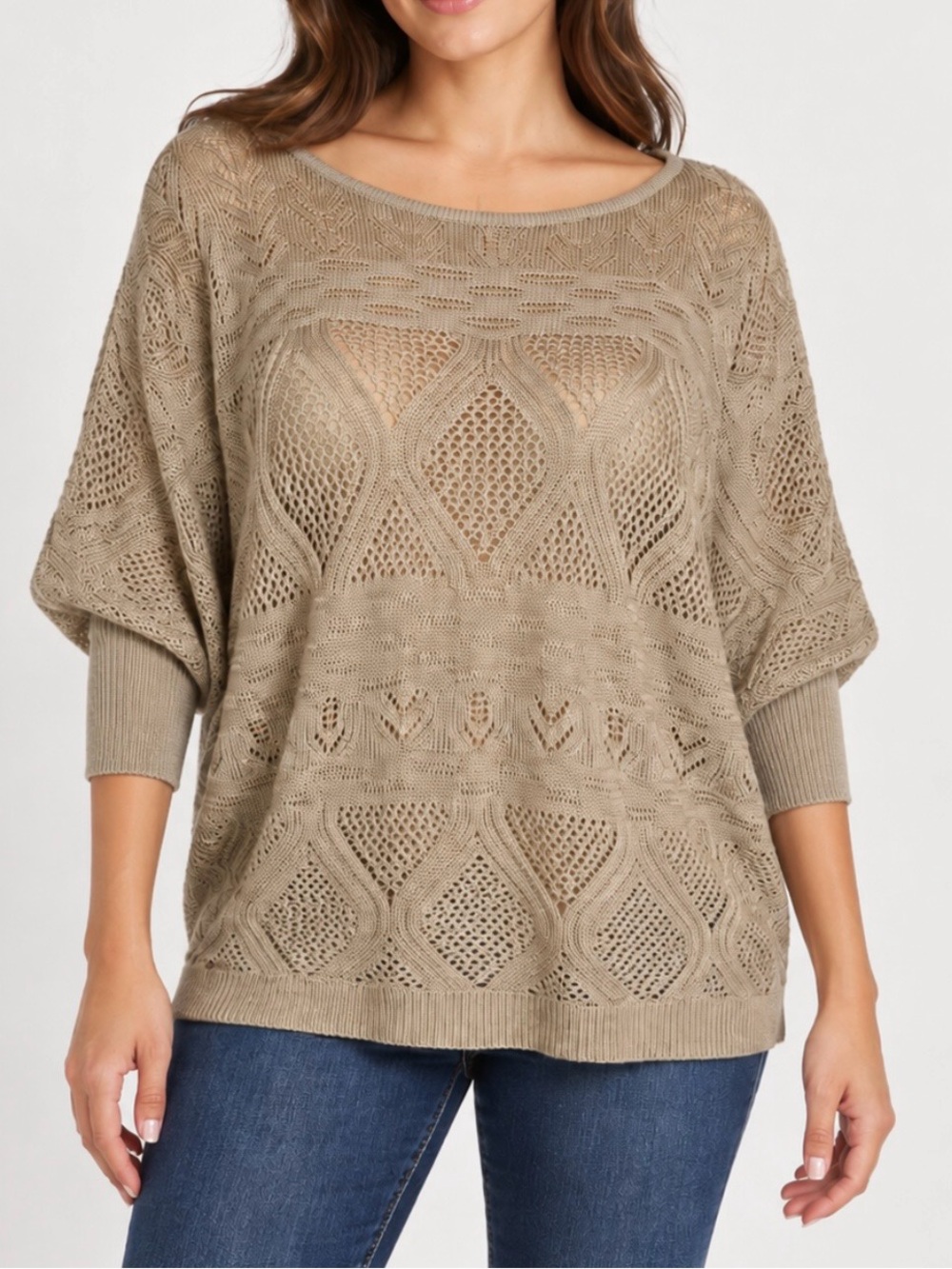 New York & Company Taupe Open Knit Dolman Sleeve Sweater Size Large NWOT